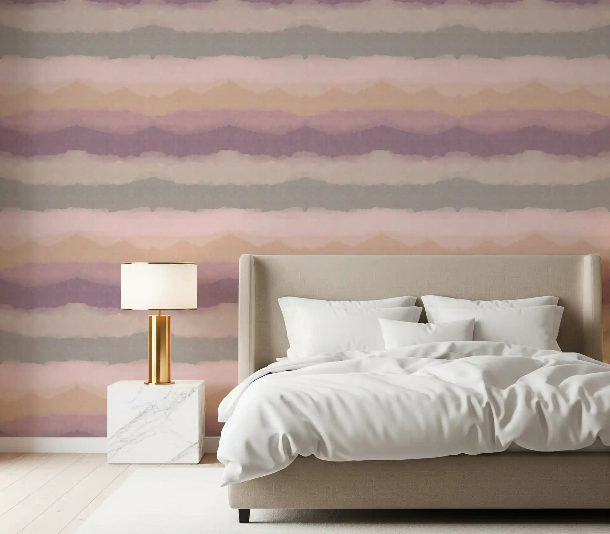 Painted horizon gradient wallpaper with pink and ochre bands in a bedroom., GD10410