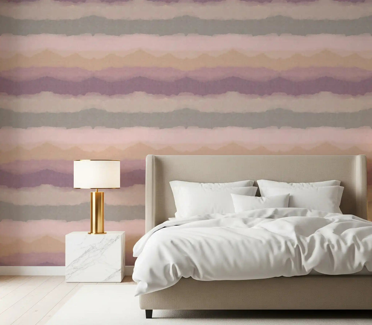 Painted horizon gradient wallpaper with pink and ochre bands in a bedroom., GD10410