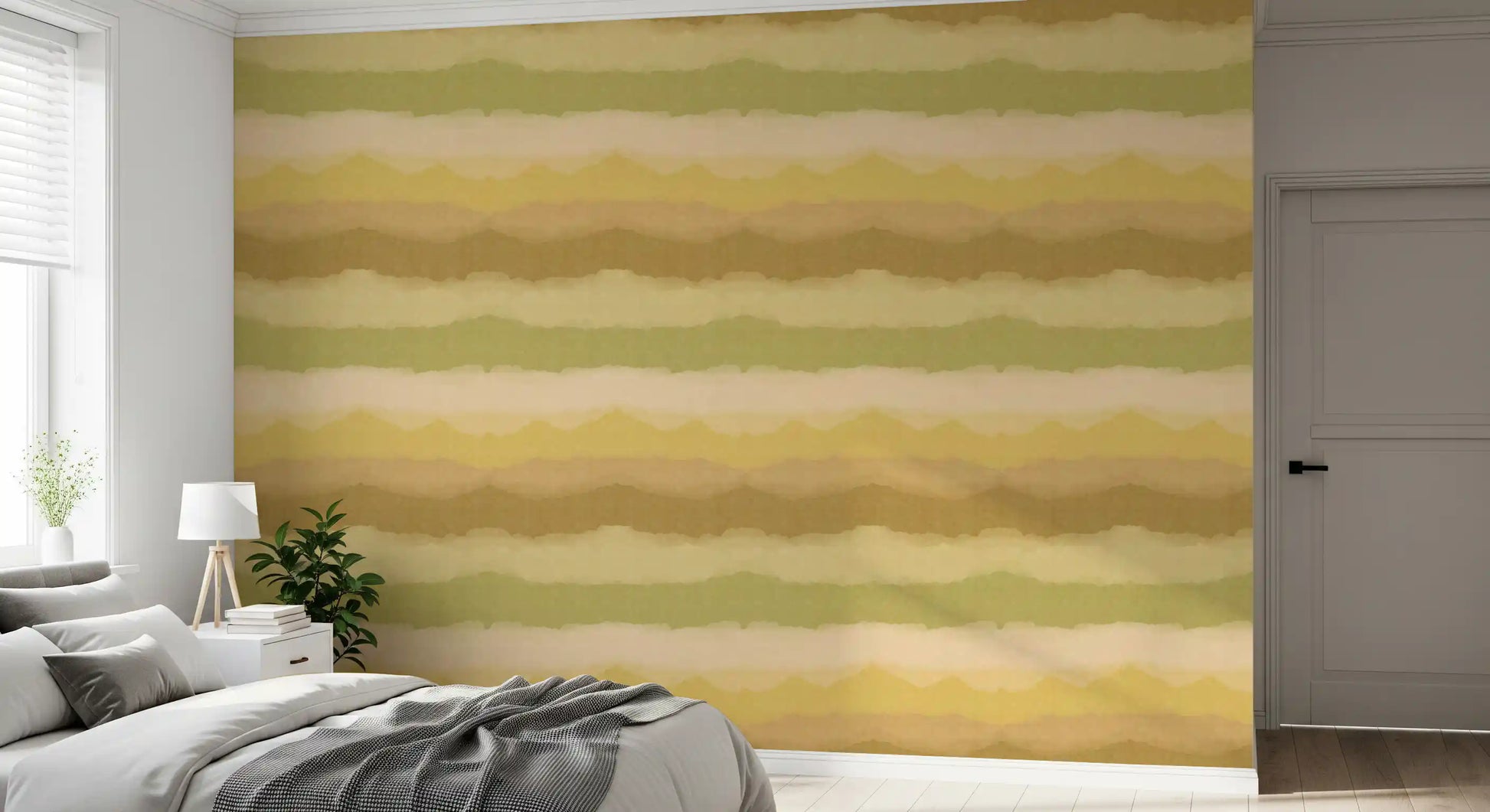 Abstract painted horizon wallpaper with earthy olive and cream tones., GD10411
