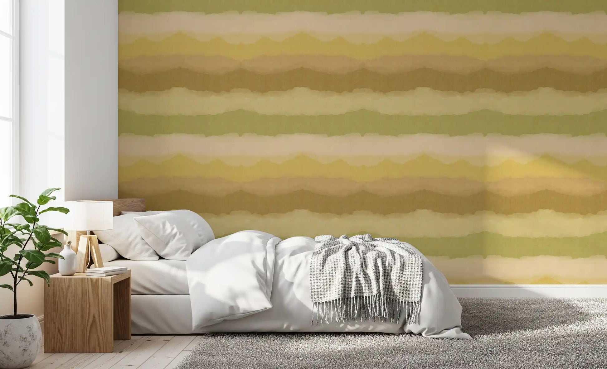 Painted horizon gradient wallpaper with olive and golden tones in a bedroom., GD10411