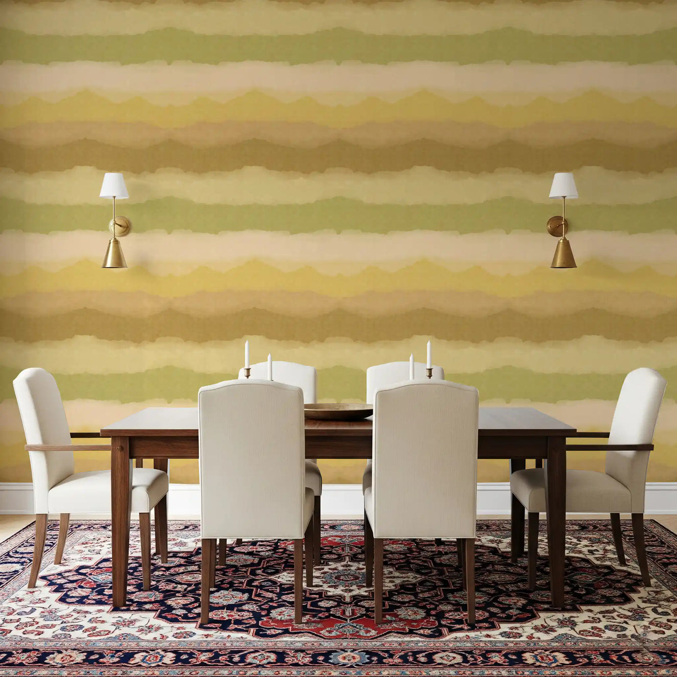 Relax greenery painted horizon wallpaper displayed in a dining room.