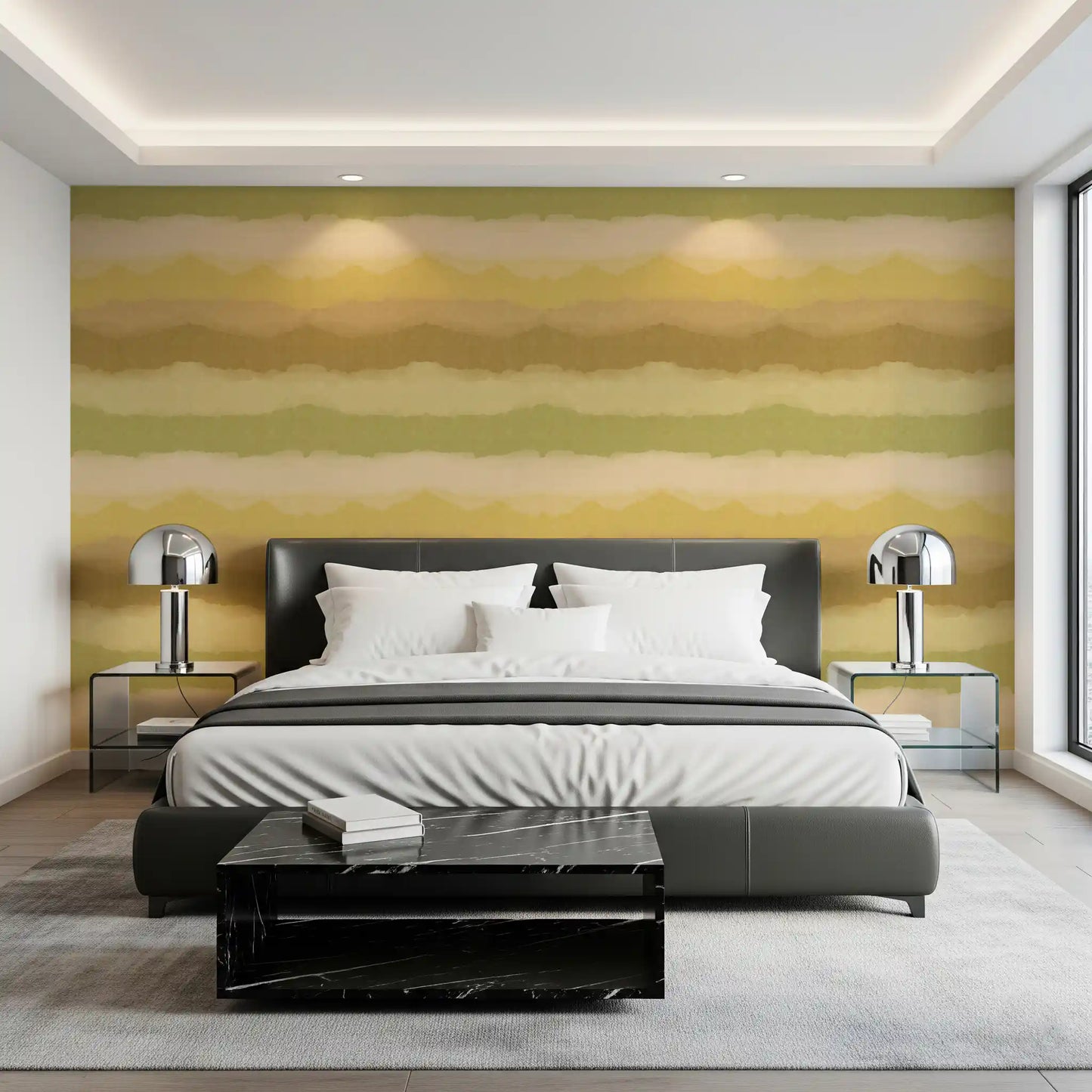 Relax greenery wallpaper showing linen textured ombre bands in bedroom., GD10411