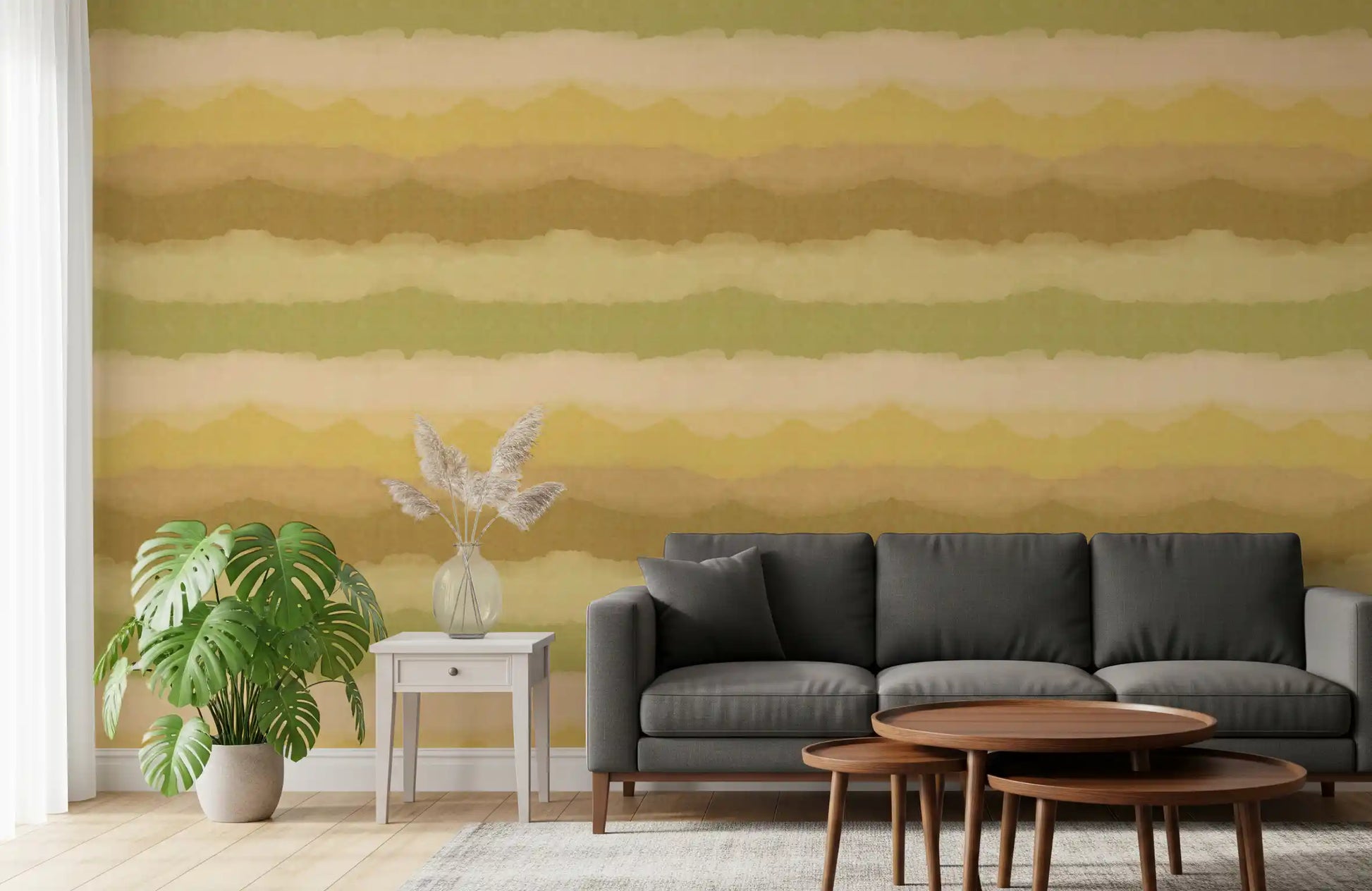 Watercolour ombre wallpaper featuring green and mustard gradient stripes., GD10411