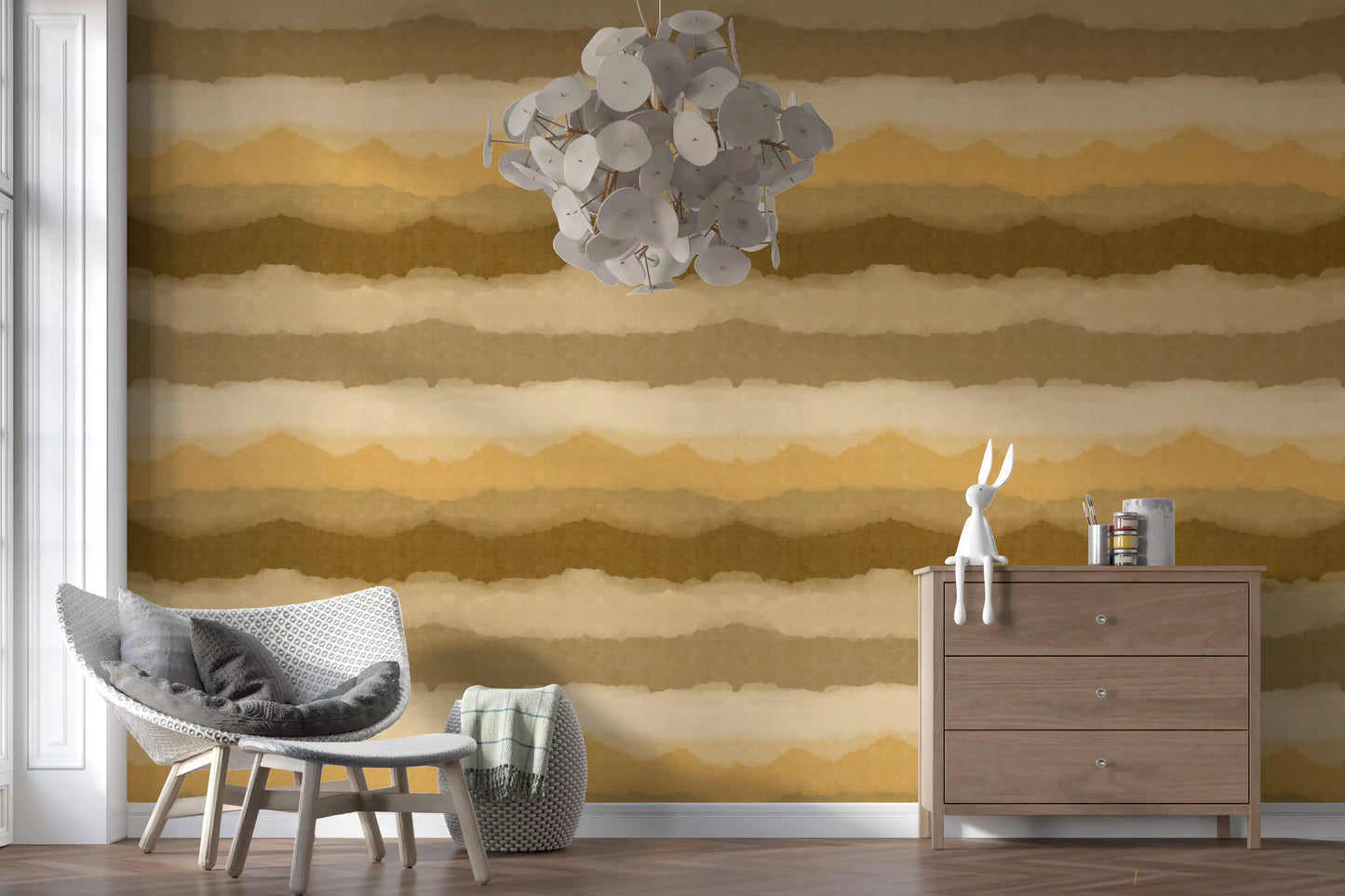 Relax ocher painted horizon wallpaper with warm brown and amber bands., GD10412