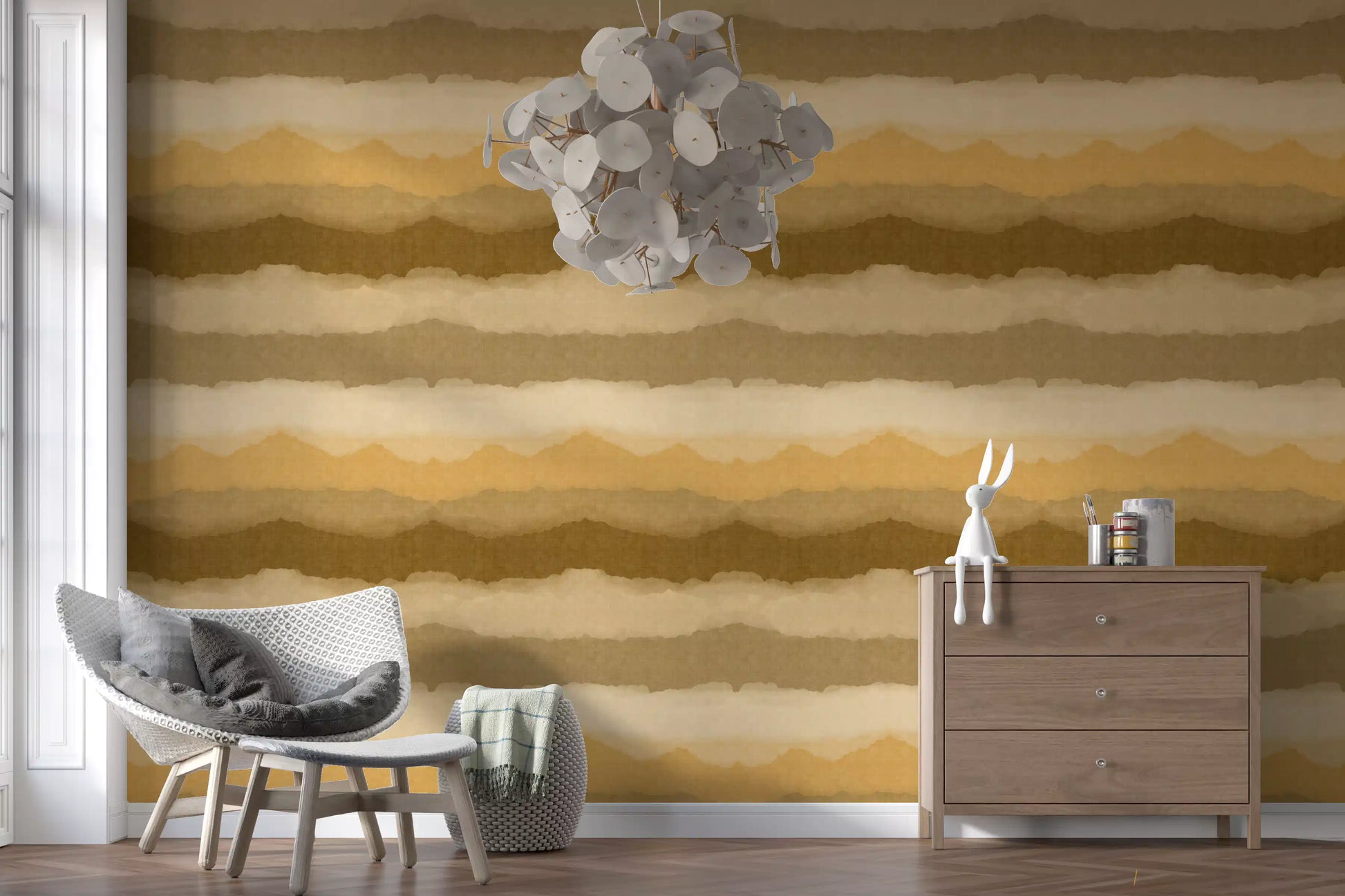 Relax ocher painted horizon wallpaper with warm brown and amber bands., GD10412