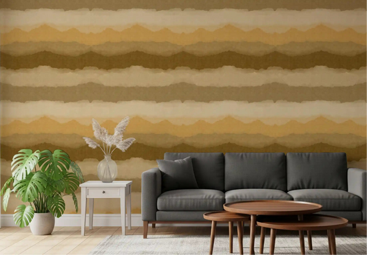 Relax ocher painted horizon wallpaper displayed in a living room space.