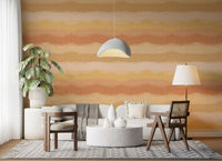 Sunset-toned painted horizon wallpaper with layered coral and gold bands., GD10413