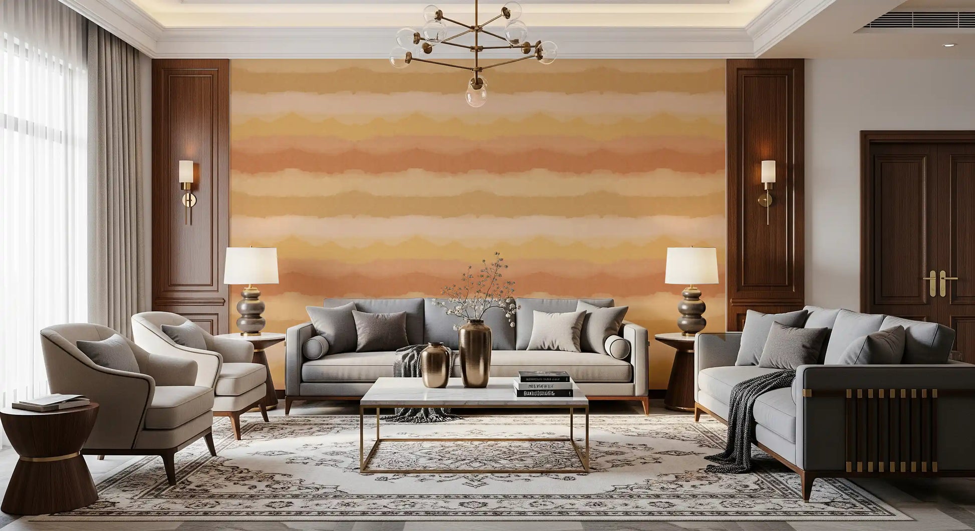 Watercolour ombre wallpaper featuring peach and terracotta gradient stripes., GD10413