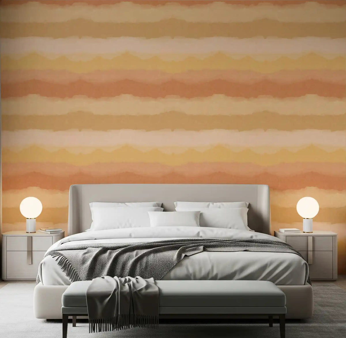 Coral and golden horizon gradient wallpaper with soft edges in a bedroom., GD10413