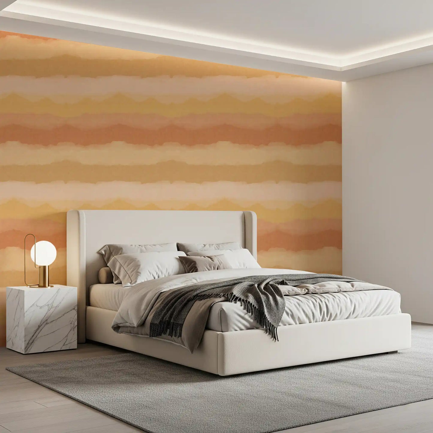 Terracotta and sandy gold layered wallpaper with fabric-like texture in bedroom., GD10413