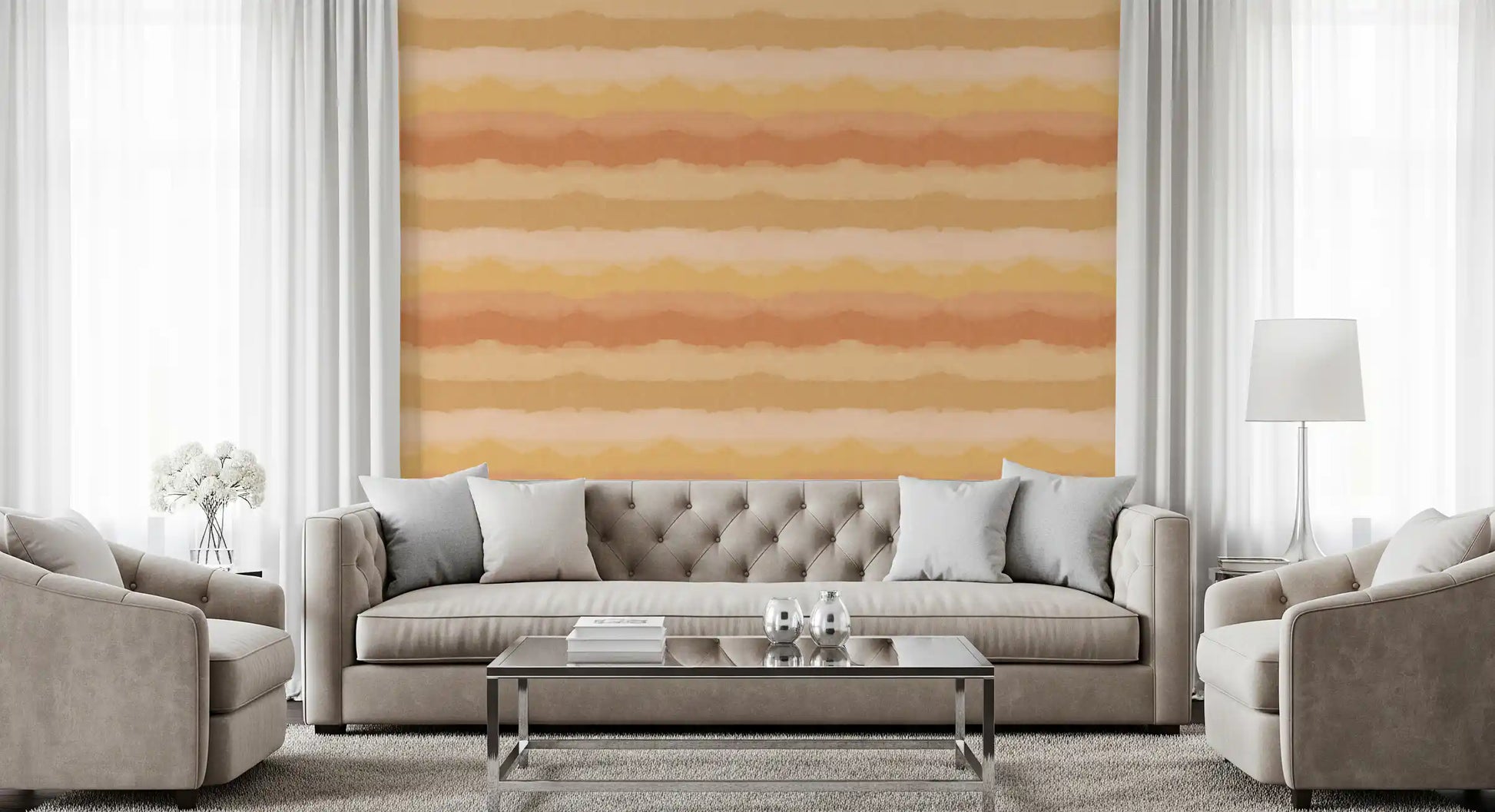 Relax sunny painted horizon wallpaper with coral and golden yellow bands in living room., GD10413