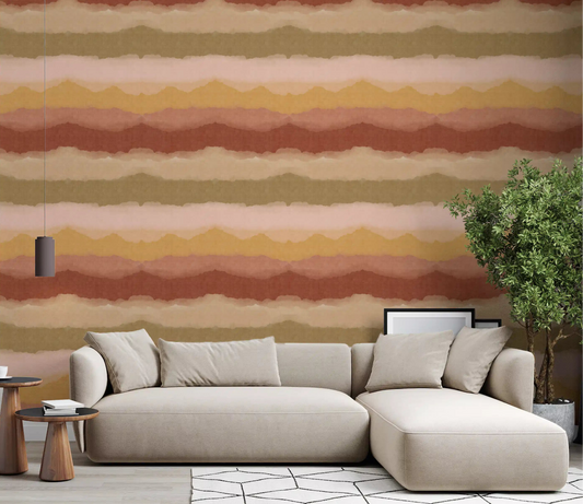 Relax sunset painted horizon wallpaper displayed in a living room space.