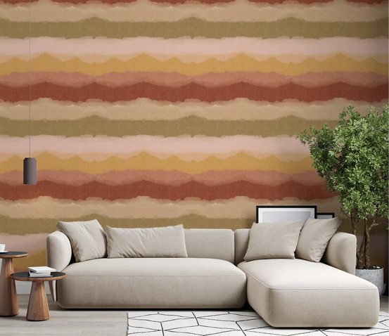 Relax sunset painted horizon wallpaper displayed in a living room space., GD10414