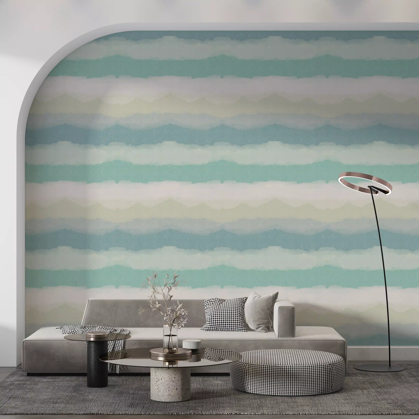 Relax watery painted horizon wallpaper with teal and dusty blue bands., GD10415