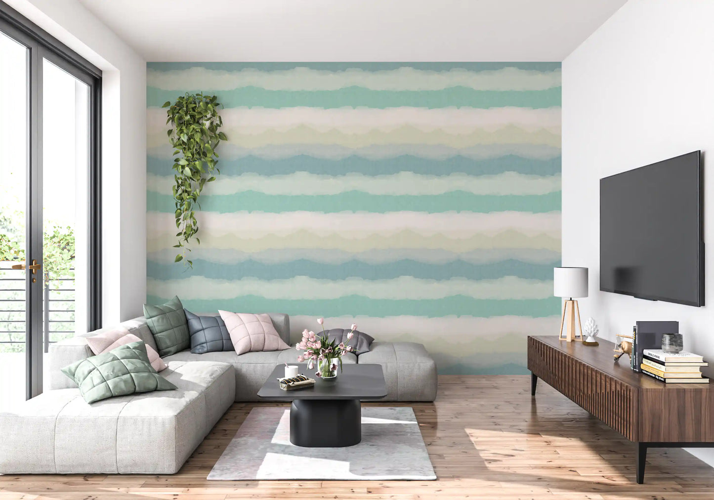 Abstract painted horizon wallpaper with cool blue and white color., GD10415