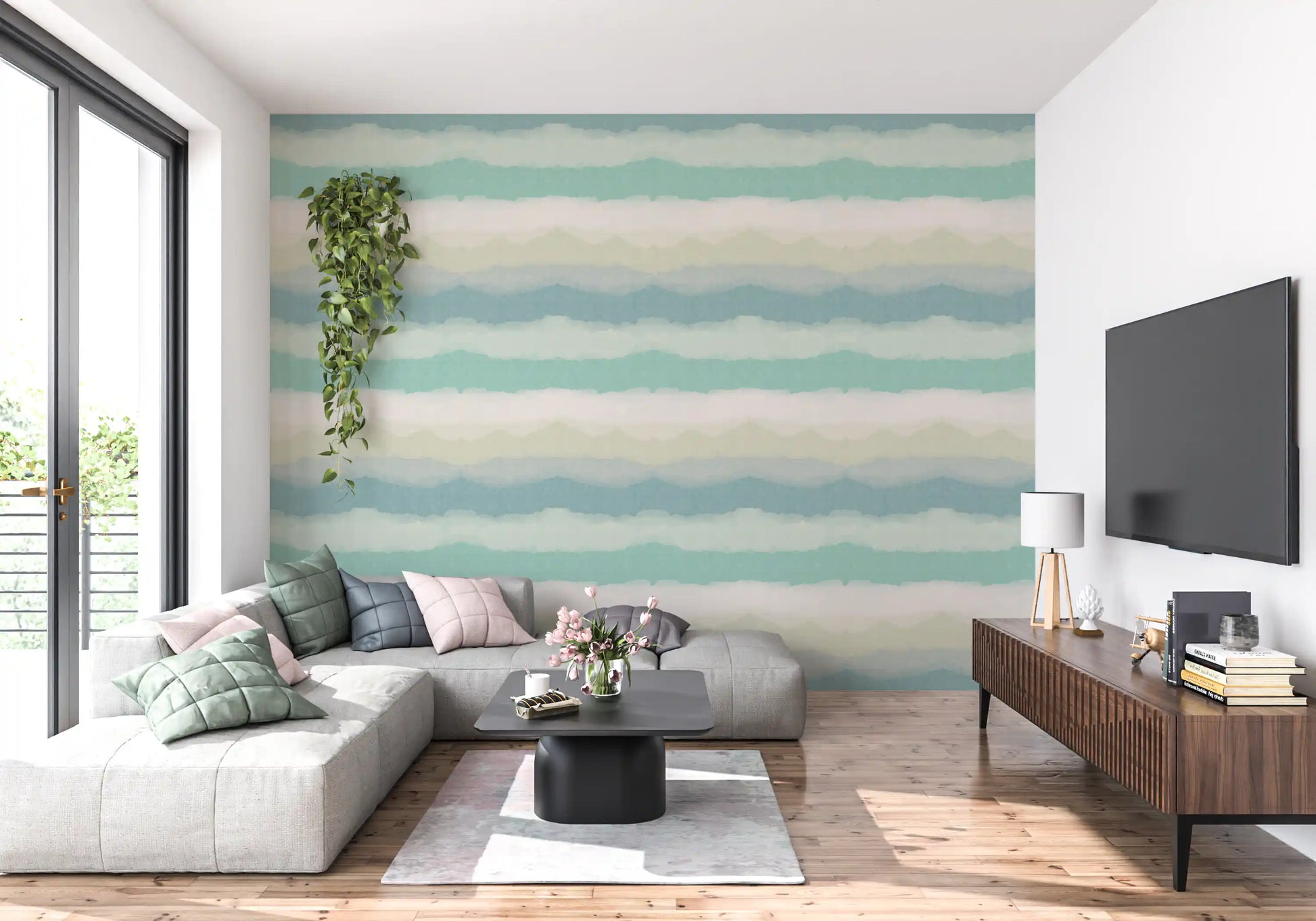 Abstract painted horizon wallpaper with cool blue and white color., GD10415