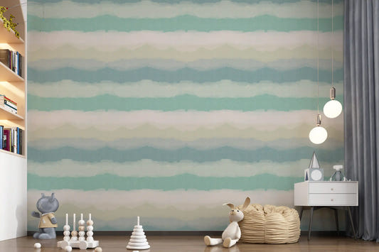 Relax watery painted horizon wallpaper displayed in a nursery space.