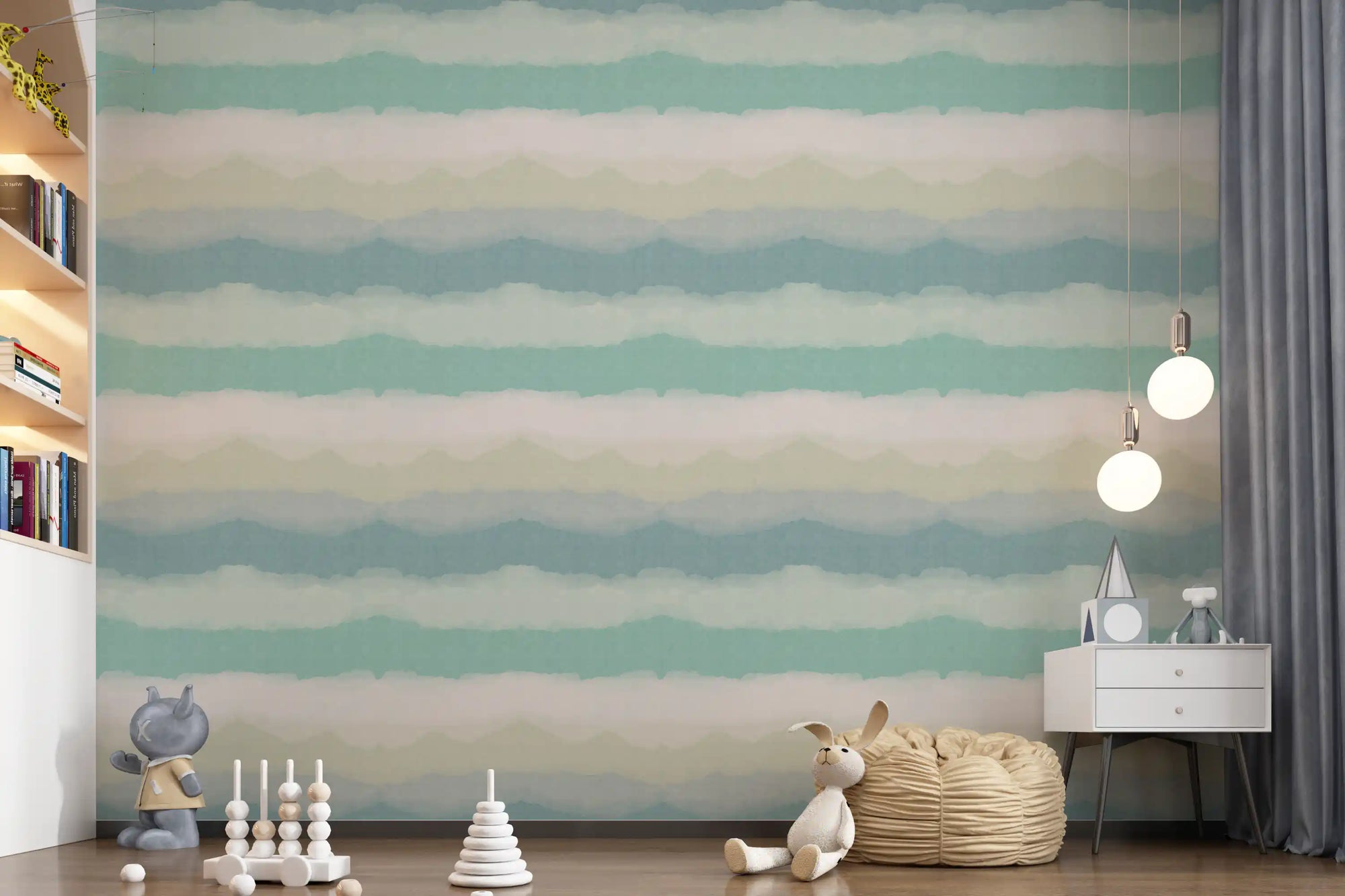 Relax watery painted horizon wallpaper displayed in a nursery space., GD10415