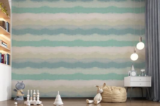 Relax watery painted horizon wallpaper displayed in a nursery space.