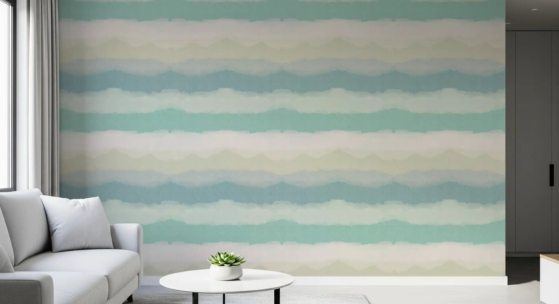 Painted horizon wallpaper in living room with  blue and mint gradients., GD10415