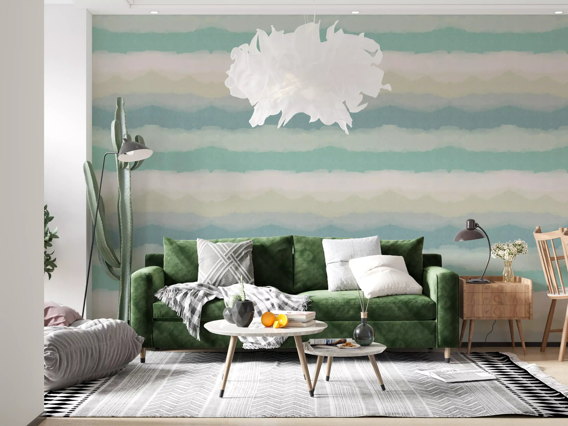 Relax watery wallpaper showing linen textured teal ombre bands., GD10415
