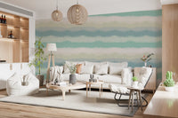 Cool teal and ivory ombre wallpaper with organic mountain silhouettes in living room., GD10415