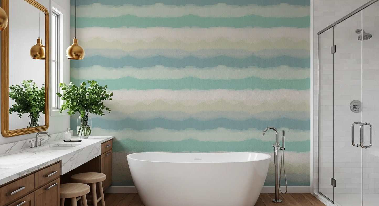 Teal and sage horizon gradient wallpaper with soft edges in a bathroom., GD10415