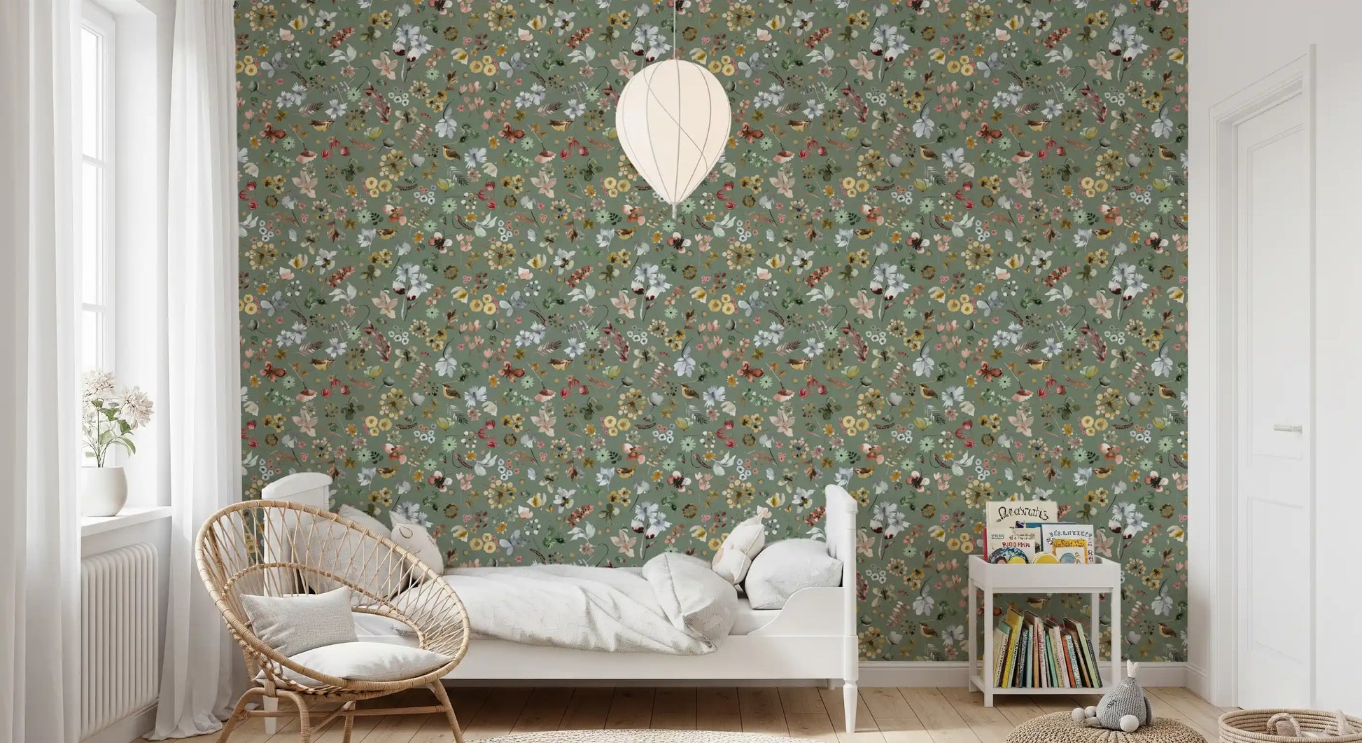 Earthy woodland watercolor jade green wallpaper with scattered wildflowers and ferns., GD10416