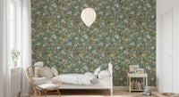 Earthy woodland watercolor jade green wallpaper with scattered wildflowers and ferns., GD10416