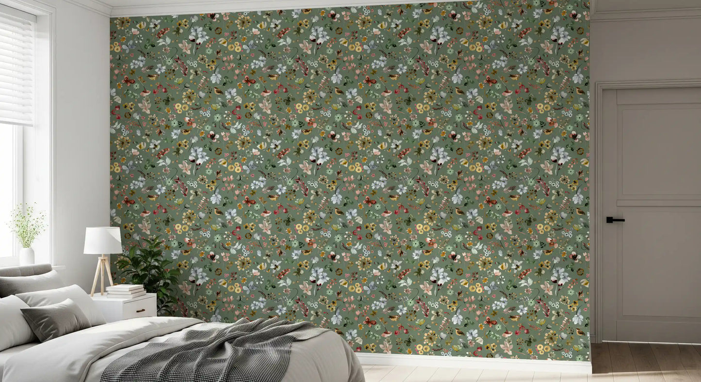 Watercolor floral on jade green wallpaper with ochre and blush blooms in bedroom., GD10416