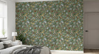 Watercolor floral on jade green wallpaper with ochre and blush blooms in bedroom., GD10416