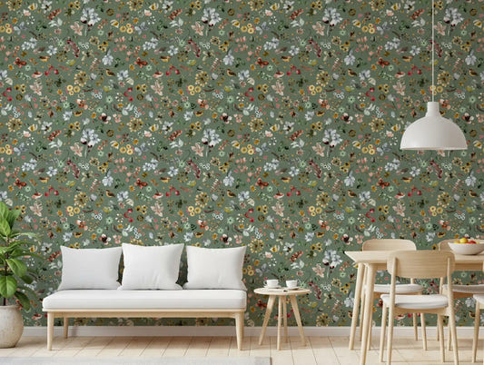 Jade green floral wallpaper displayed in a cosy dining room with tiny birds.