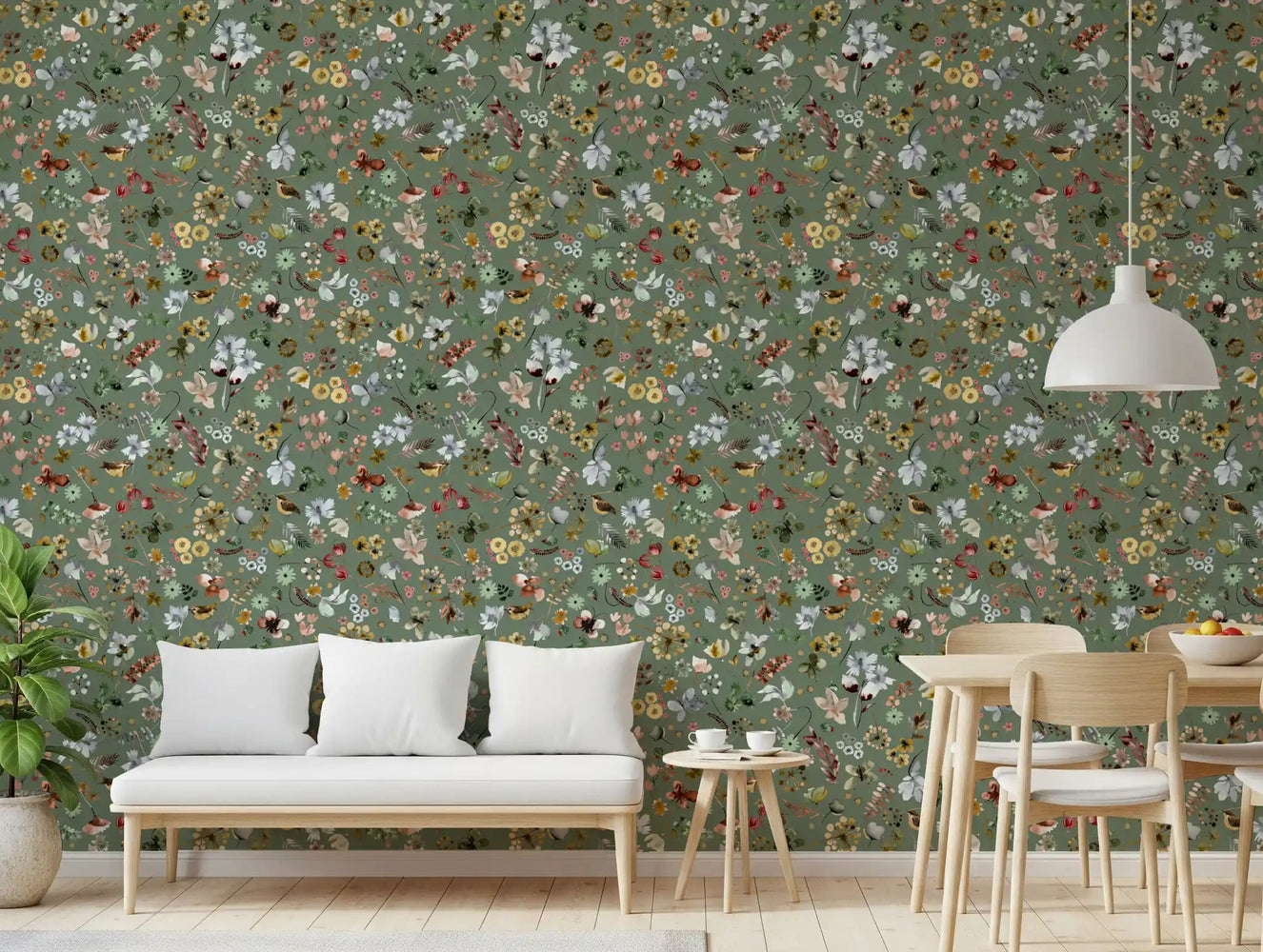 Jade green floral wallpaper displayed in a cosy dining room with tiny birds.