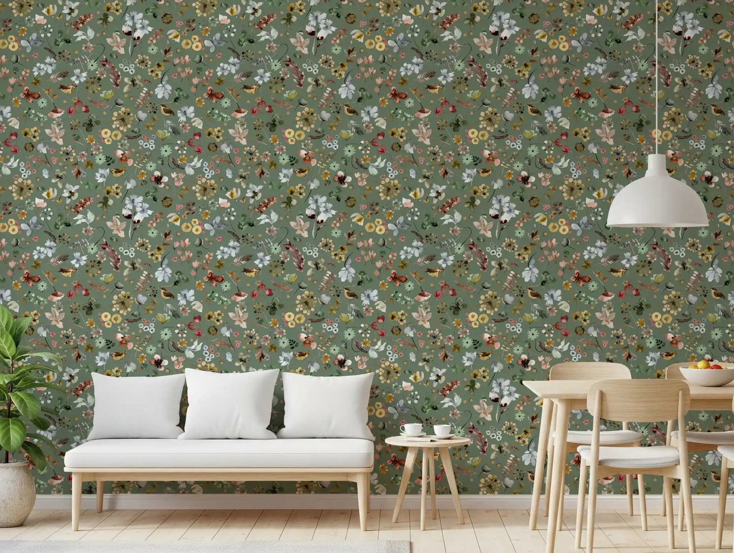 Jade green floral wallpaper displayed in a cosy dining room with tiny birds., GD10416