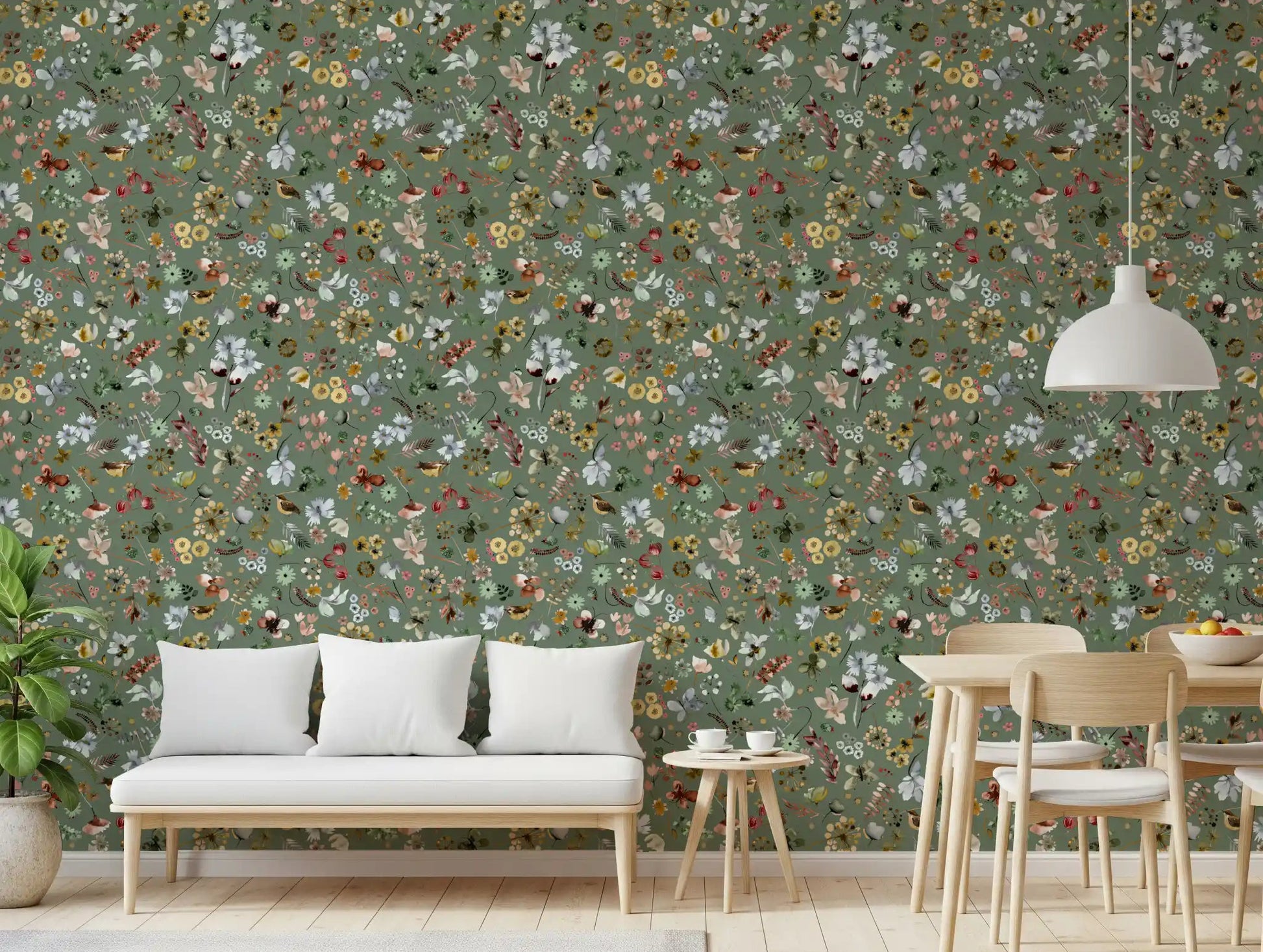 Jade green floral wallpaper displayed in a cosy dining room with tiny birds., GD10416