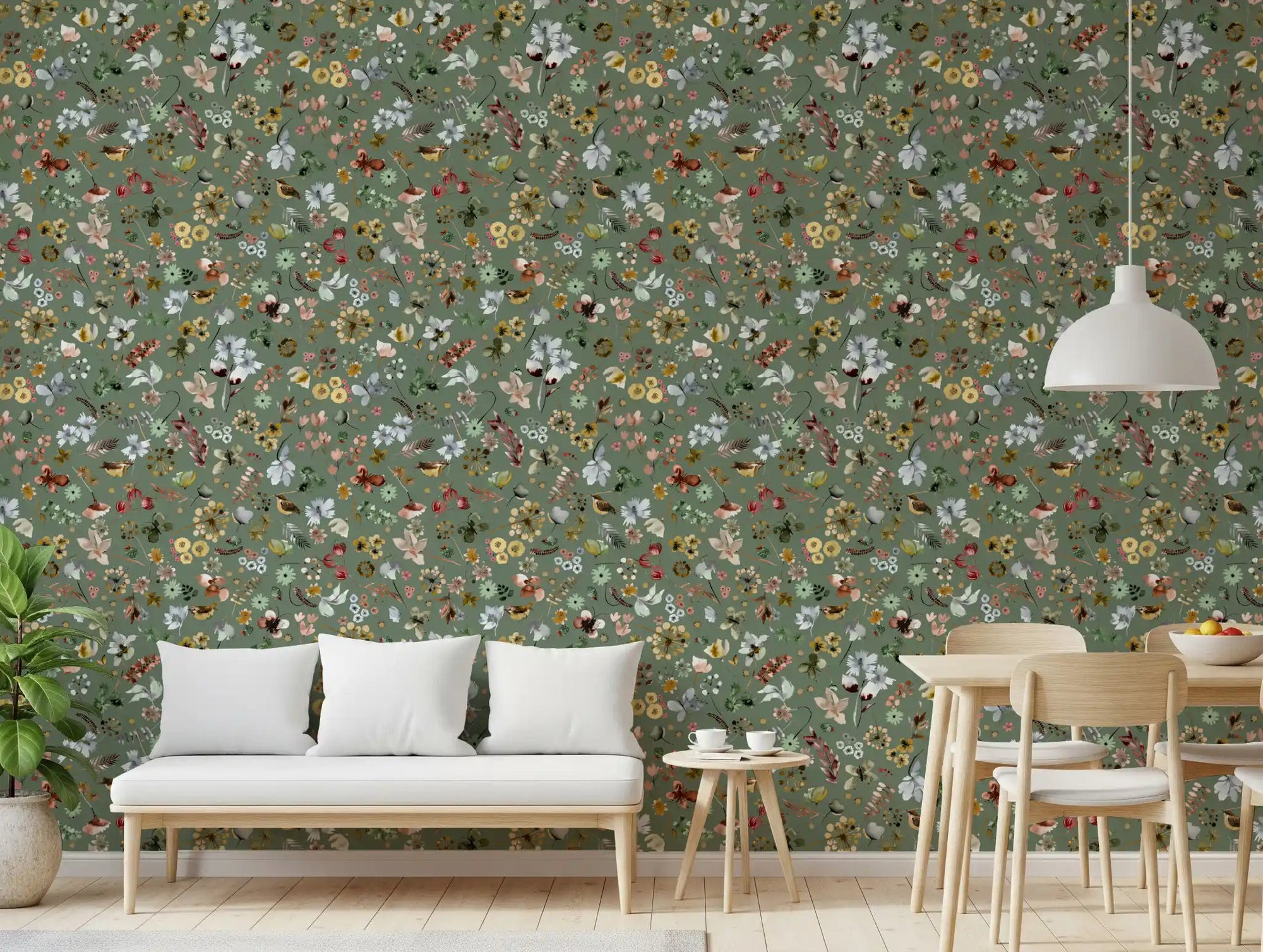 Jade green floral wallpaper displayed in a cosy dining room with tiny birds., GD10416