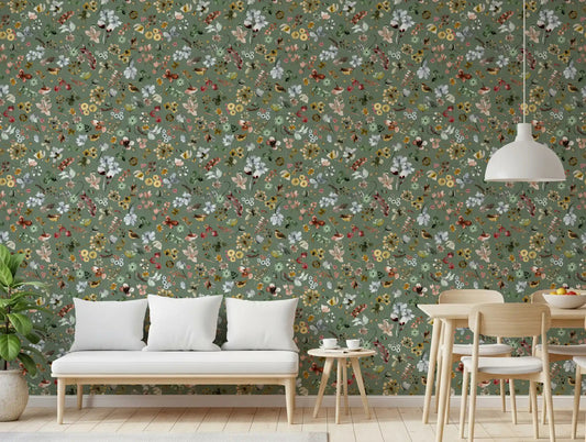 Jade green floral wallpaper displayed in a cosy dining room with tiny birds.