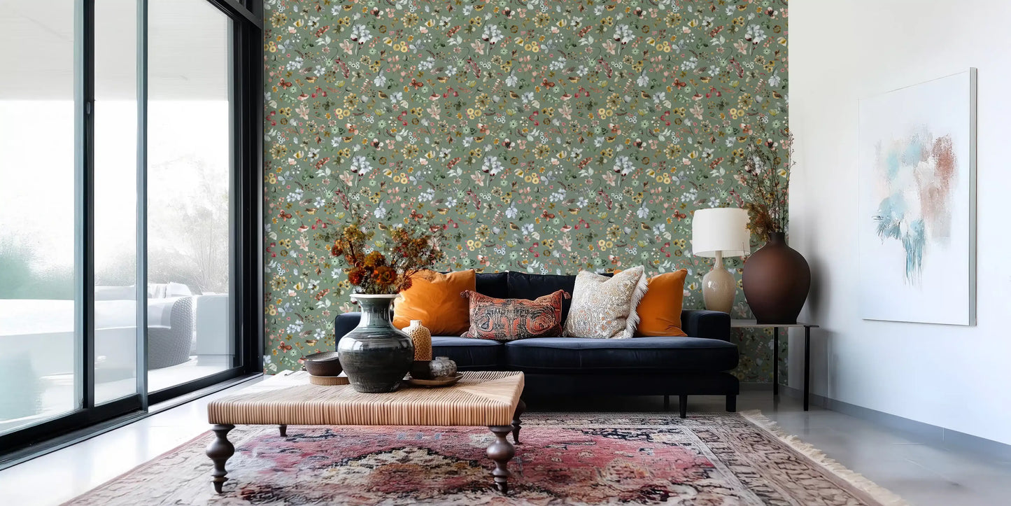 Jade green wallpaper with watercolor petals in white russet and coral tones., GD10416