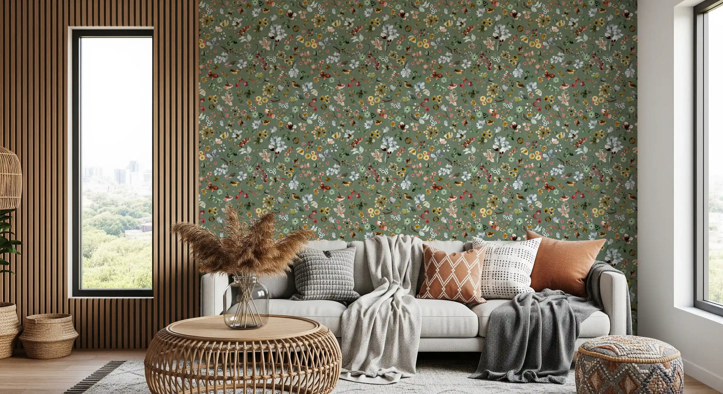 Earthy floral wallpaper with fern fronds and meadow wildflowers in living room., GD10416