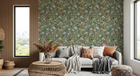 Earthy floral wallpaper with fern fronds and meadow wildflowers in living room., GD10416