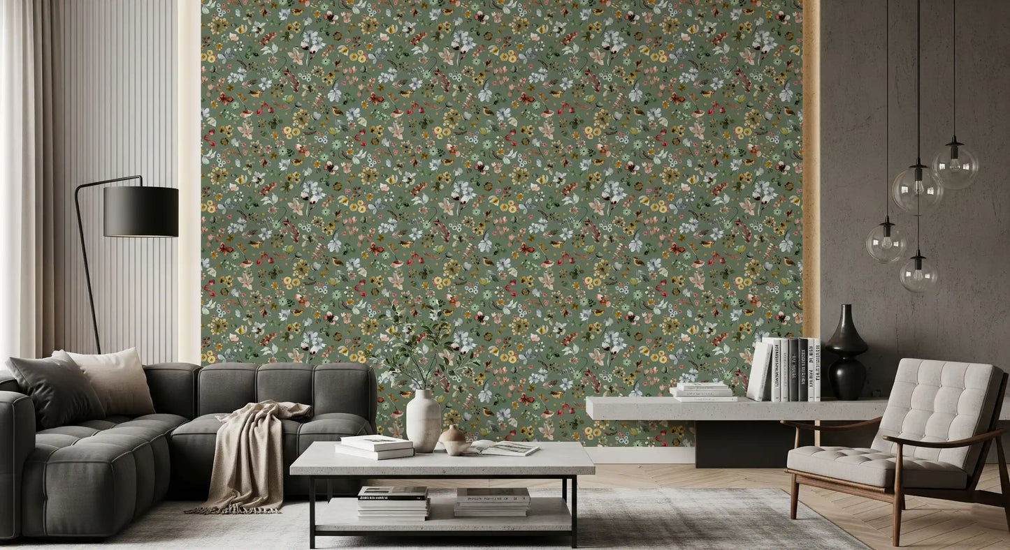 Scattered watercolor botanical wallpaper with tiny birds and leaf sprigs., GD10416