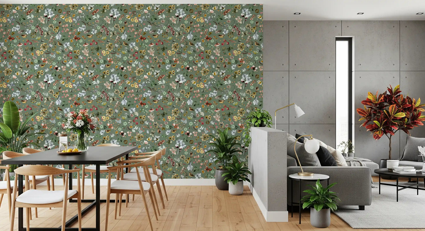 Jade green botanical wallpaper with scattered berries leaves and seed pods., GD10416