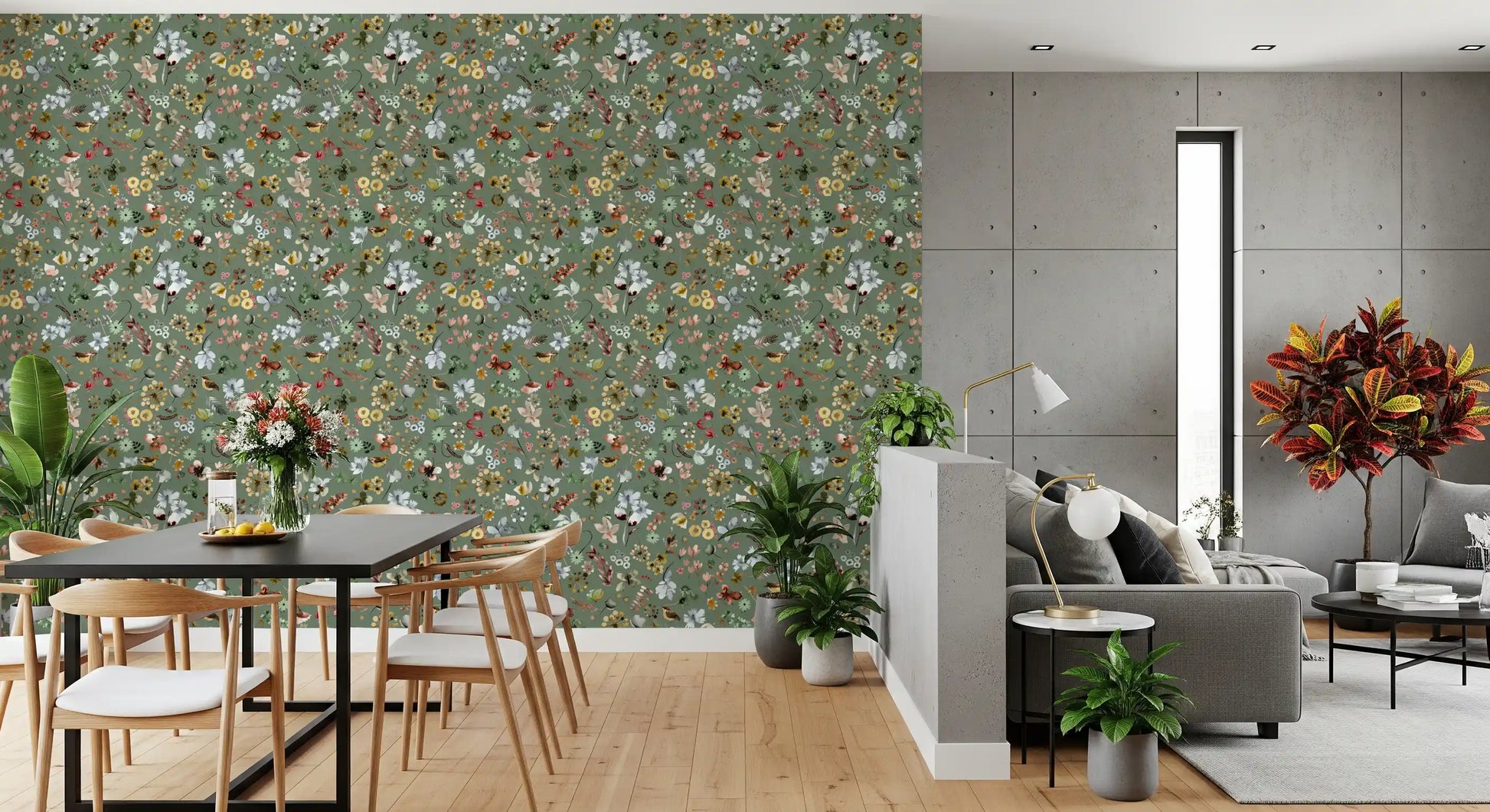 Jade green botanical wallpaper with scattered berries leaves and seed pods., GD10416