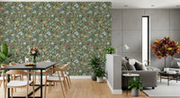 Jade green botanical wallpaper with scattered berries leaves and seed pods., GD10416
