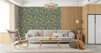Watercolor woodland wallpaper with ochre daisies and blush pink blossoms., GD10416