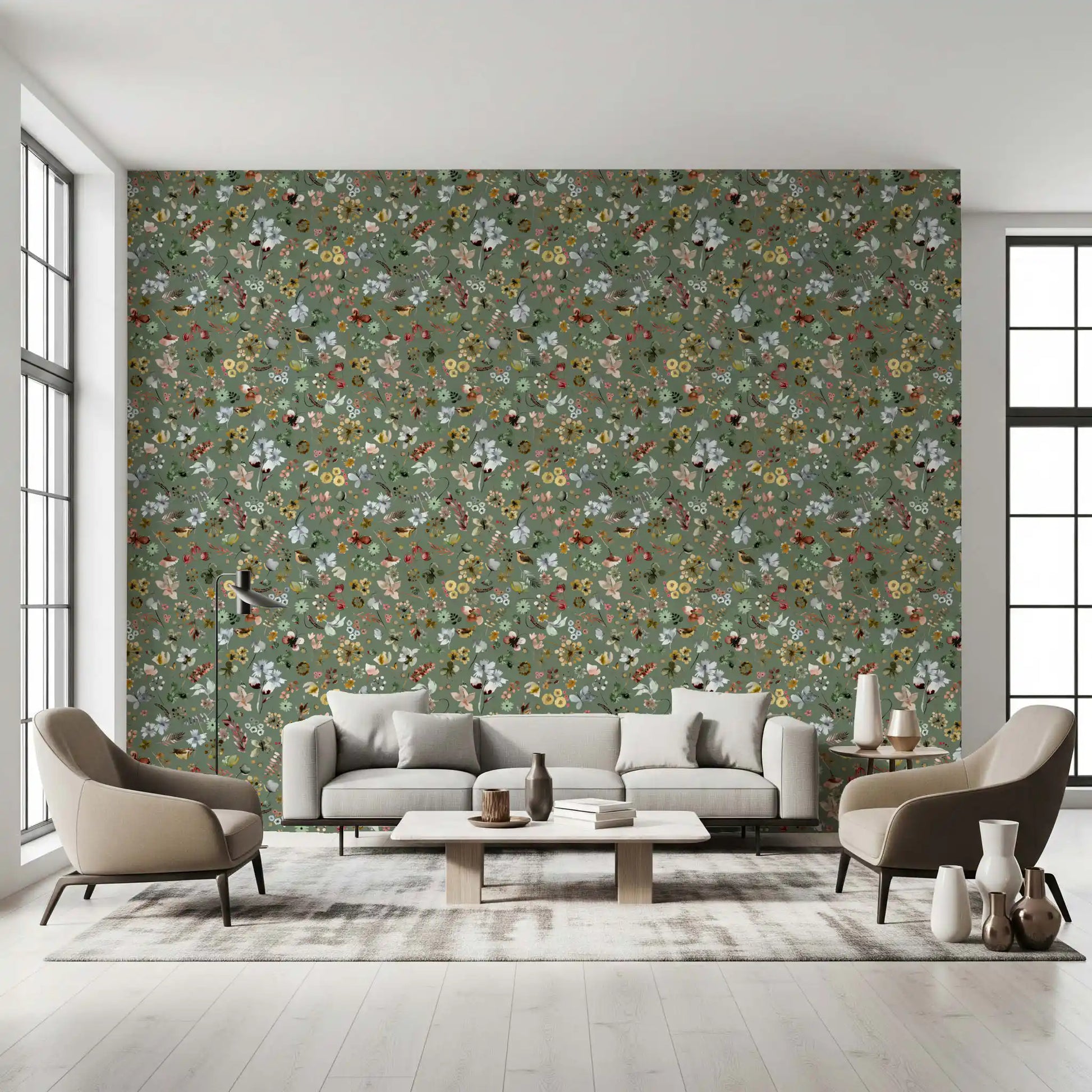 Botanical wallpaper featuring loose wildflower clusters and small berries., GD10416