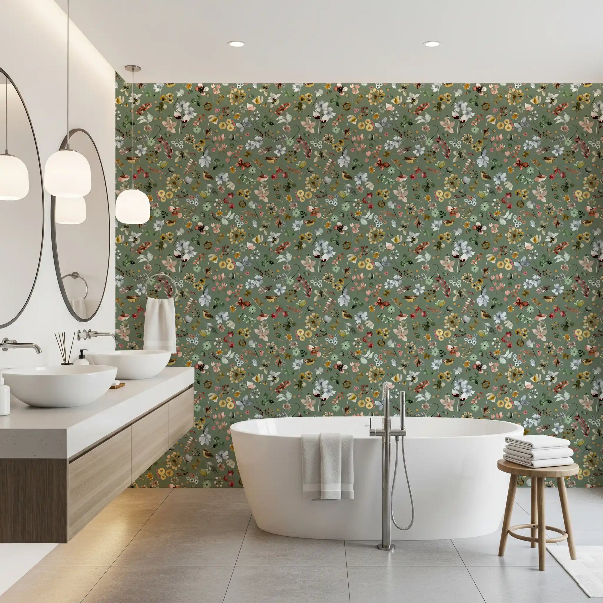 Earthy woodland watercolor wallpaper in a bathroom with natural light., GD10416
