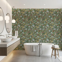 Earthy woodland watercolor wallpaper in a bathroom with natural light., GD10416