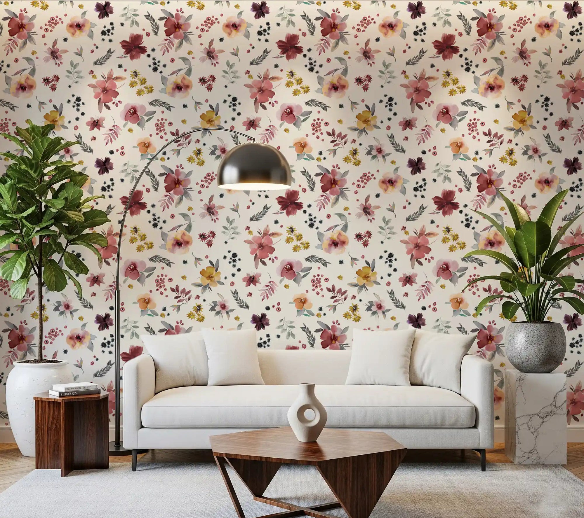 Watercolor botanical wallpaper shown in a warm living room with navy blue buds., GD10417