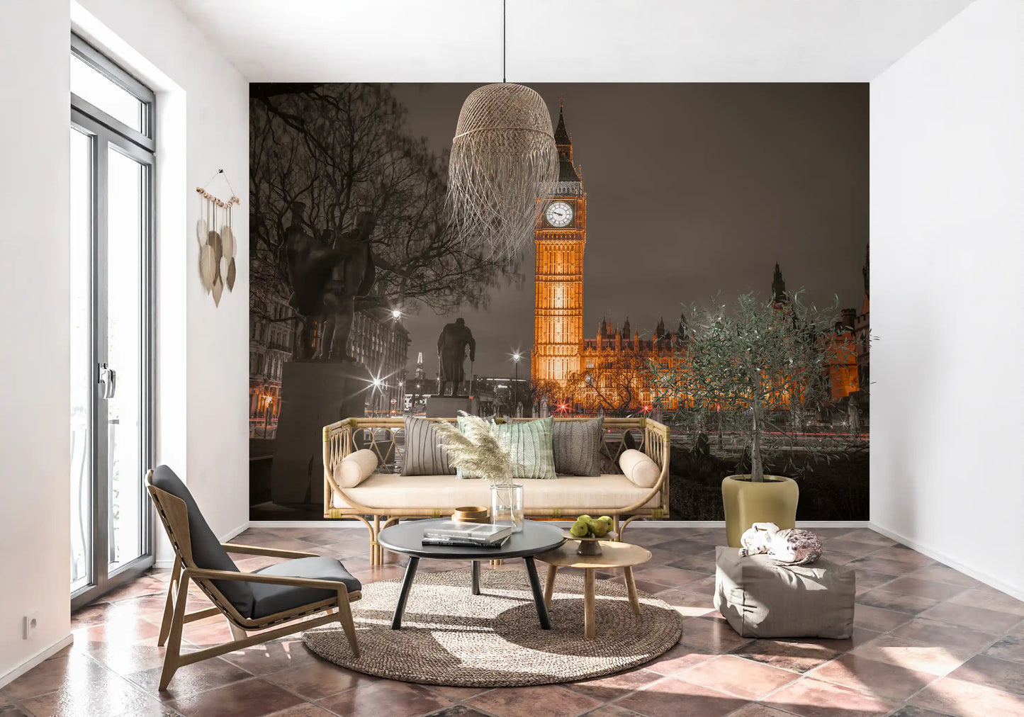 Gothic façade wall mural with golden light reflections on wet ground., GD10418